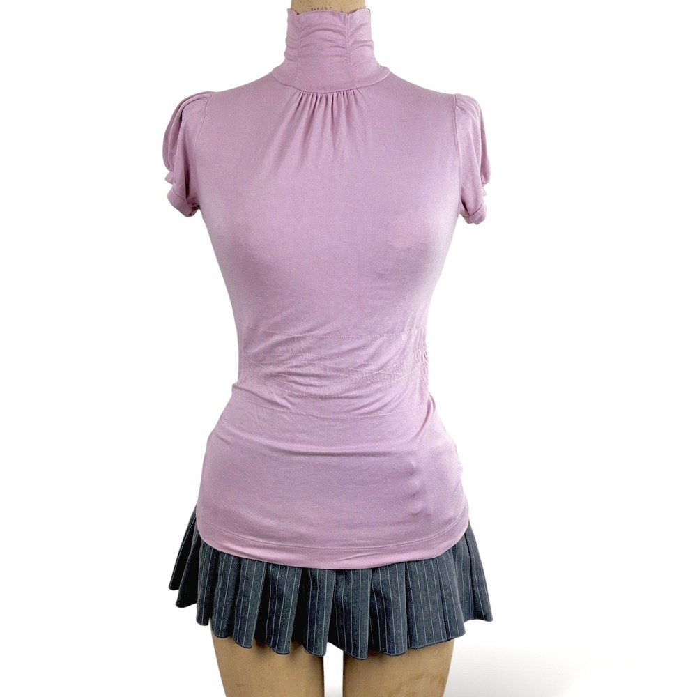 Coquette Womens XS Ruched Mock Neck Blouse Lavender Pink Puff Sleeve Zara Preppy